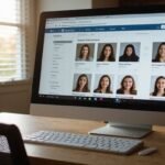 Ein moderner Arbeitsplatz mit einem Monitor zeigt Online Dating Profile