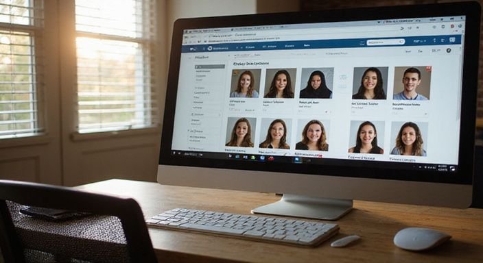 Ein moderner Arbeitsplatz mit einem Monitor zeigt Online Dating Profile