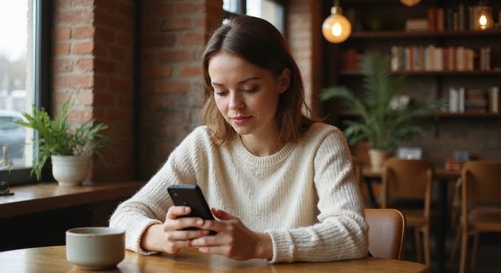 Eine Frau sitzt in einem Café, konzentriert auf ihr Smartphone. Eine Frau sitzt in einem Café, konzentriert auf ihr Smartphone und wollen ein adult dating match.