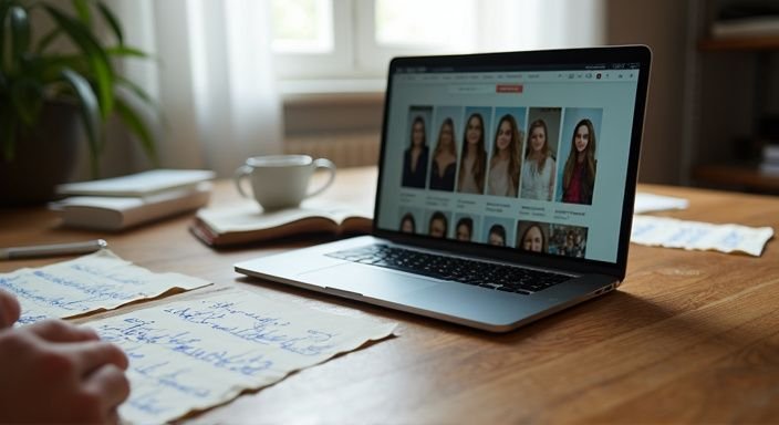 Eine Person interagiert nachdenklich mit einer Dating-App auf einem Laptop. Eine Person interagiert nachdenklich mit einer Dating-App auf einem Laptop.