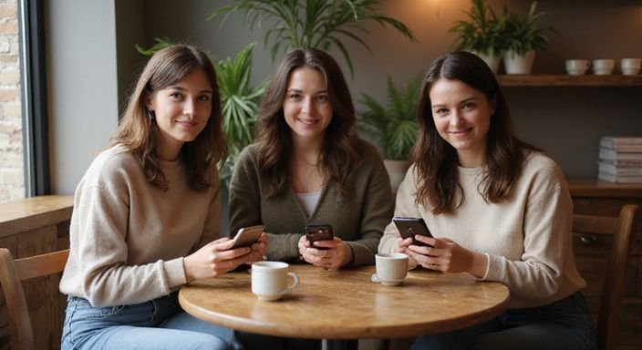 Drei Frauen sitzen lächelnd in einem gemütlichen Café am Tisch. Drei Frauen sitzen lächelnd in einem gemütlichen Café am Tisch.