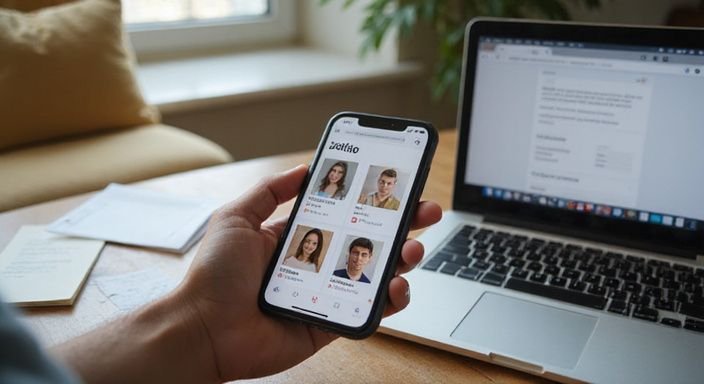 Ein junger Mensch nutzt eine Dating-App auf seinem Smartphone. Ein junger Mensch nutzt eine Dating-App auf seinem Smartphone.