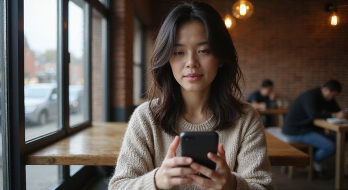 Eine Frau in einem Café betrachtet konzentriert Dating-Profile auf ihrem Smartphone. Eine Frau in einem Café betrachtet konzentriert Dating-Profile auf ihrem Smartphone und suche ein adult dating match.