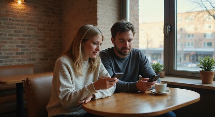 Ein Paar sitzt entspannt in einem Café und scrollt auf Dating-Apps. Ein Paar sitzt entspannt in einem Café und scrollt auf Dating-Apps für ein adult dating match.