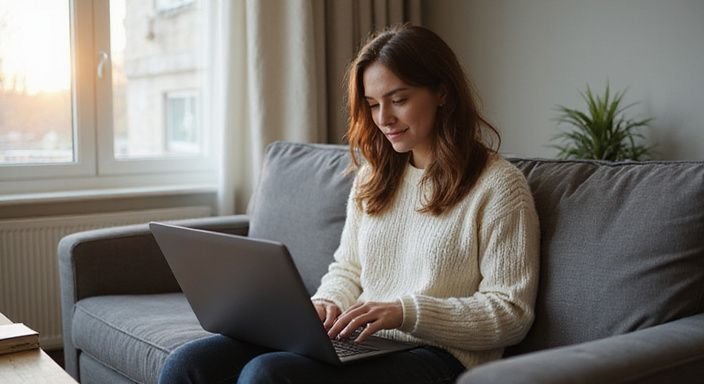 Eine Frau aktualisiert konzentriert ihr Online-Dating-Profil auf einem Laptop. Eine Frau aktualisiert konzentriert ihr Online-Dating-Profil auf einem Laptop und suche ein adult dating match.