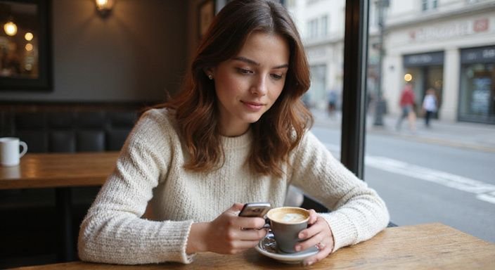 Eine Frau in einem Café scrollt entspannt durch die Tinder-App. Eine Frau in einem Café scrollt entspannt durch die Tinder-App.