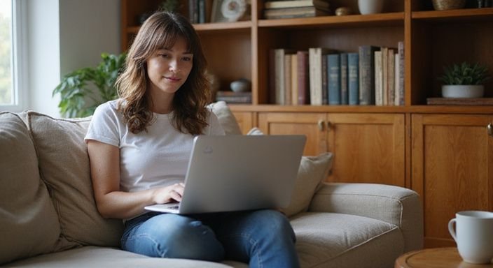 Eine Frau sitzt entspannt auf einem Sofa und überarbeitet ihr Dating-Profil. Eine Frau sitzt entspannt auf einem Sofa und überarbeitet ihr Dating-Profil.