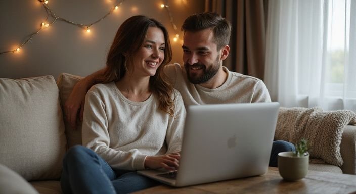 Ein Paar sitzt entspannt auf einer Couch und nutzt einen Laptop. Ein Paar sitzt entspannt auf einer Couch und nutzt einen Laptop.