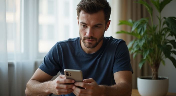 Ein junger Mann nutzt aufmerksam eine innovative Dating-App. Ein junger Mann nutzt aufmerksam eine innovative Dating-App.