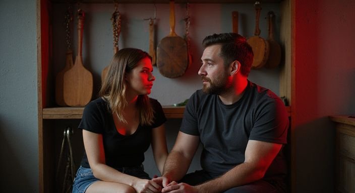 Ein Paar diskutiert intensiv in einer BDSM Schulungswerkstatt