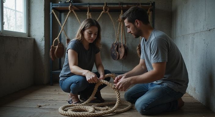 Ein Paar bereitet sorgfältig eine Seilbondage-Session in einem Raum vor.