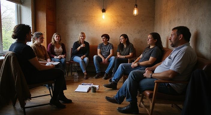 Eine Gruppe diskutiert aufmerksam Themen rund um BDSM in einem Workshop.