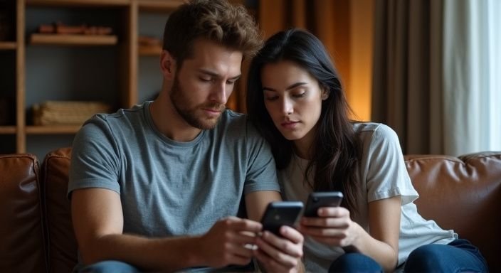 Ein Paar sitzt nah beieinander auf einer abgenutzten Ledercouch