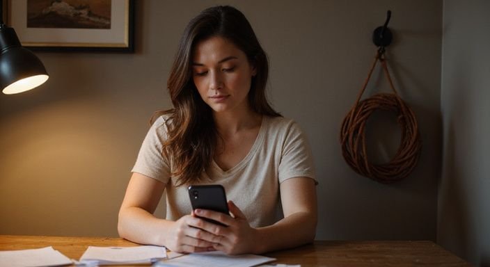 Eine Frau sitzt an einem Holz-Schreibtisch und nutzt ein Smartphone.