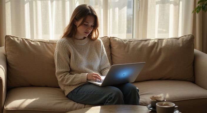 Eine Frau sitzt entspannt auf einem Sofa und browsed Dating Websites
