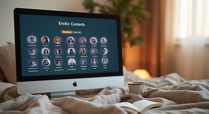 Moderner Computerbildschirm zeigt Dating-Plattform-Icons in stilvollem Schlafzimmer. Moderner Computerbildschirm zeigt Dating-Plattform-Icons in stilvollem Schlafzimmer.