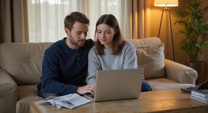 Ein Paar nutzt einen Laptop, um Dating-Plattformen zu durchsuchen. Ein Paar nutzt einen Laptop, um Dating-Plattformen zu durchsuchen für erotische kontakte in Deutschland.