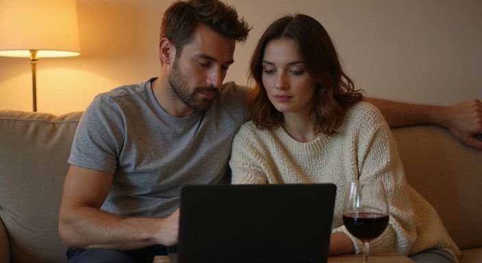 Ein Paar sitzt auf der Couch und betrachtet einen Laptop. Ein Paar sitzt auf der Couch und betrachtet einen Laptop und suche erotische kontakte in Deutschland.