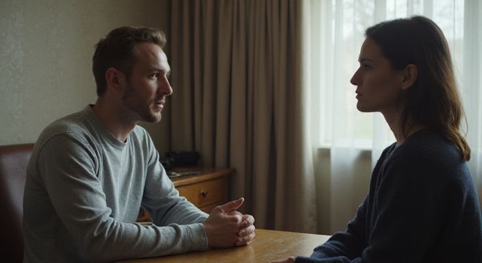 Zwei Personen führen ein ruhiges Gespräch in einem Hotelzimmer. Zwei Personen führen ein ruhiges Gespräch über erotische kontakte in Deutschland in einem Hotelzimmer.