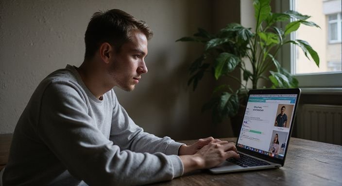 Eine Person sitzt konzentriert an einem Schreibtisch und tippt. Eine Person sitzt konzentriert an einem Schreibtisch und tippt.