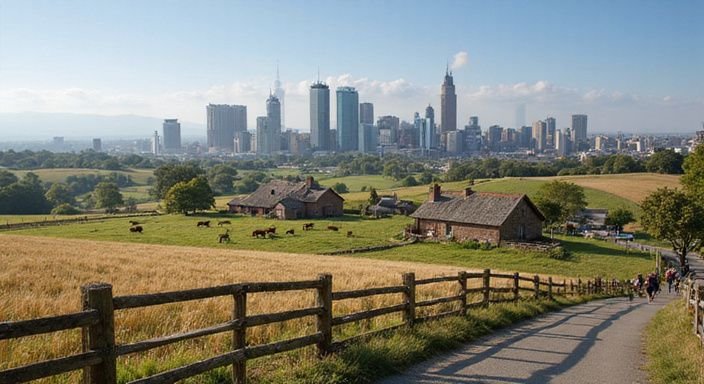Eine ländliche Landschaft und eine belebte städtische Straße. Eine ländliche Landschaft und eine belebte städtische Straße.