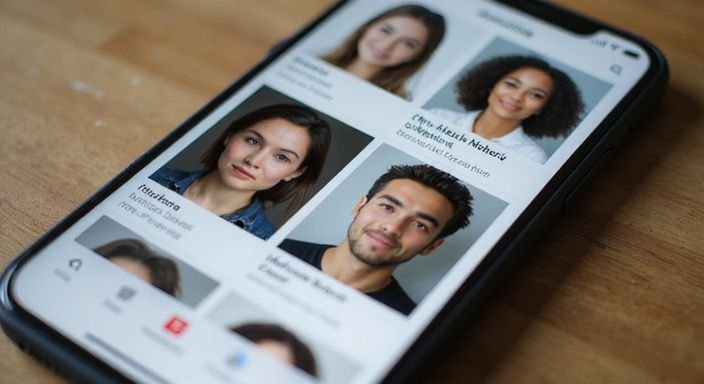 Ein Dating Plattform Screenshot zeigt Profile in klaren, ansprechenden Boxen