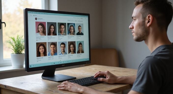 Ein Benutzer interagiert mit einem digitalen Monitor, der Profile anzeigt. Ein Benutzer interagiert mit einem digitalen Monitor, der Profile anzeigt.
