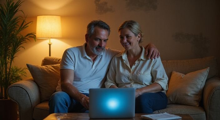 Ein Paar sitzt entspannt auf einer Couch und nutzt einen Laptop. Ein Paar sitzt entspannt auf einer Couch und nutzt einen Laptop.