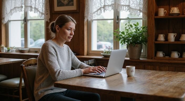 Eine Frau überprüft sorgfältig Dating Anzeigen in einem Café und suche erotische kontakte und sex-dating Bayern
