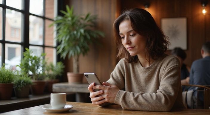 Eine Frau sitzt nachdenklich in einem Münchener Café und wollen erotische kontakte und sex-dating in Bayern.