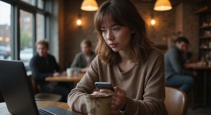 Eine Frau sitzt allein in einem gemütlichen Café mit Laptop und Kaffee und suche erotische kontakte und sex-dating Bayern.