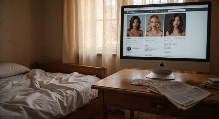 Ein unordentliches Schlafzimmer mit einem Computer und Zeitungen.