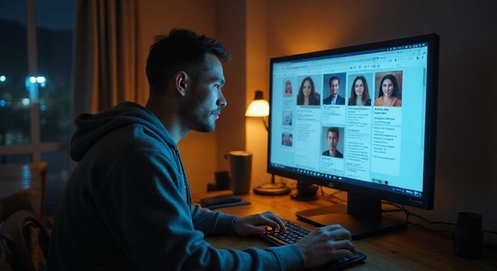 Ein Mann durchstöbert nachdenklich ein Dating-Profil am Computer.