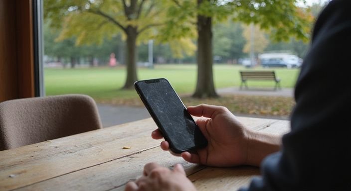 Ein Smartphone in einer Hand, umgeben von einem gemütlichen Café-Ambiente.