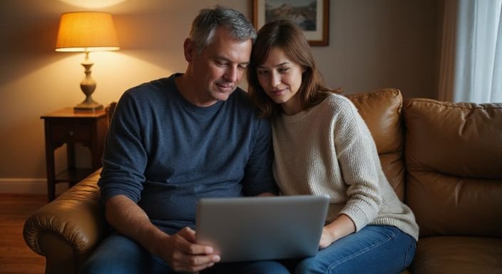 Ein mittleres Paar sitzt nahe beieinander auf einer Couch.