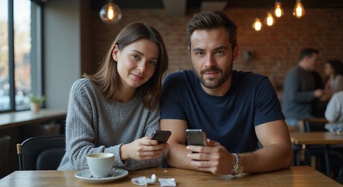 Ein Paar sitzt entspannt in einem belebten Café und schaut auf Smartphones und haben erotische kontakte und sex-dating in Bayern.
