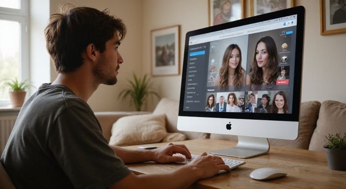 Ein entspannter Mensch nutzt einen Computer in einem einladenden Wohnzimmer.