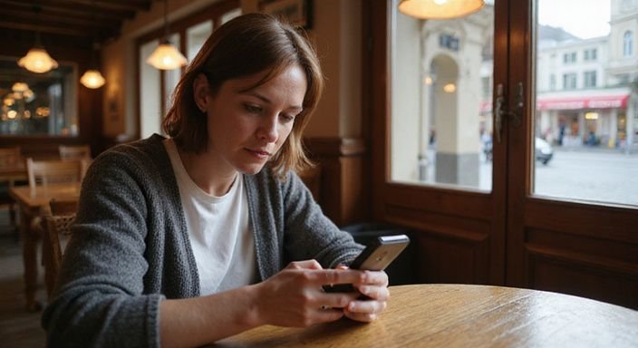 Eine Frau sitzt entspannt in einem Café und nutzt ihr Smartphone.