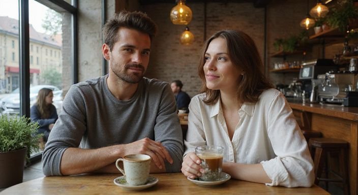Zwei Personen genießen entspannt ein Gespräch in einem belebten Café