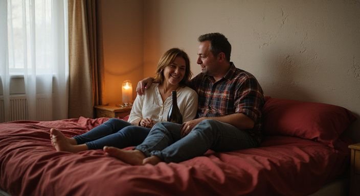 Ein Paar lacht zusammen in einem gemütlichen Schlafzimmer. Ein Paar lacht zusammen in einem gemütlichen Schlafzimmer.