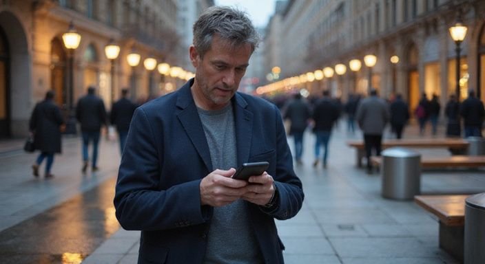 Eine Person prüft konzentriert Nachrichten auf ihrem Smartphone in der Stadt. Eine Person prüft konzentriert Nachrichten auf ihrem Smartphone in der Stadt.
