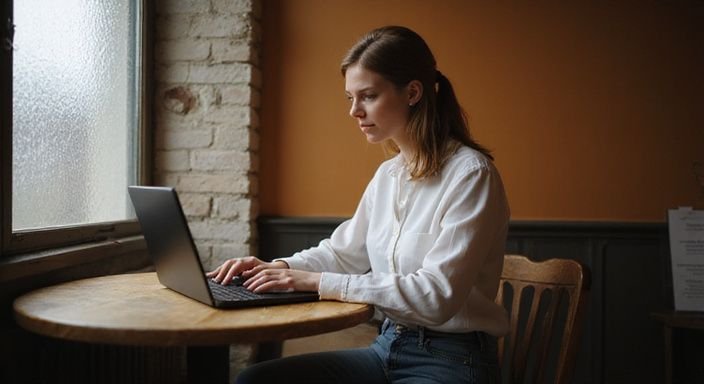 Eine konzentrierte Frau arbeitet allein in einem gemütlichen Café. Eine konzentrierte Frau arbeitet allein in einem gemütlichen Café und suche erotische kontakte und sex-dating in Bern.