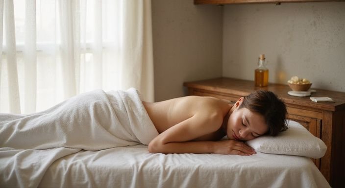 Eine entspannte Person liegt auf einem Massagetisch in einem ruhigen Raum. Eine entspannte Person liegt auf einem Massagetisch in einem ruhigen Raum.