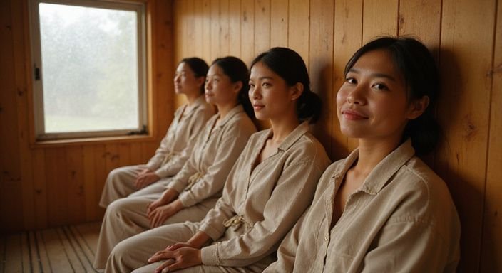 Einladende Sauna mit warmen Holzwänden und entspannten Frauen. Einladende Sauna mit warmen Holzwänden und entspannten Frauen.