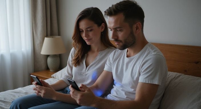 Ein Paar sitzt entspannt auf einem Bett und nutzt ihre Smartphones. Ein Paar sitzt entspannt auf einem Bett und nutzt ihre Smartphones und wollen erotische kontakte und sex-dating in Bern.