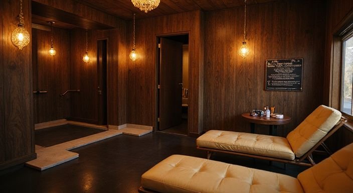 Ein eleganter Bereich eines Sexclubs mit privaten Kabinen und Entspannungsraum. Ein eleganter Bereich eines Sexclubs mit privaten Kabinen und Entspannungsraum.