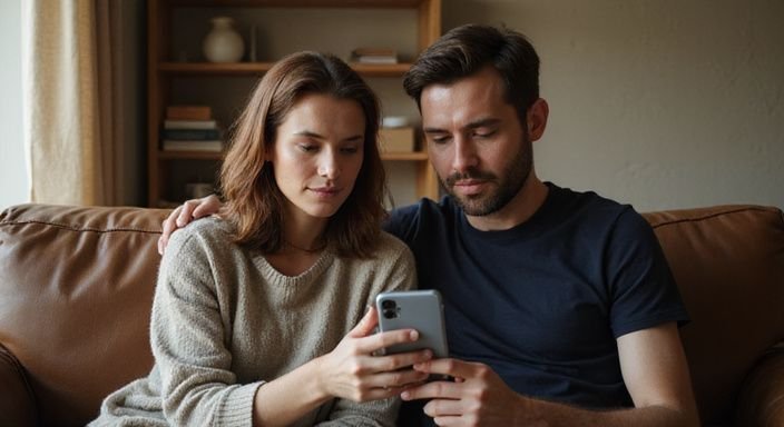 Ein Paar sitzt entspannt auf einem Sofa und betrachtet ein Smartphone. Ein Paar sitzt entspannt auf einem Sofa und betrachtet ein Smartphone.