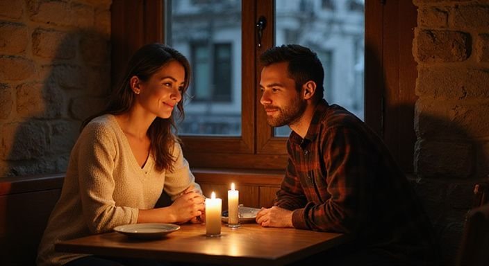 Ein Paar genießt ein entspanntes Essen in einem rustikalen Restaurant. Ein Paar genießt ein entspanntes Essen in einem rustikalen Restaurant.