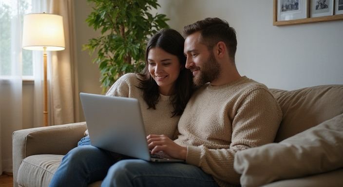 Ein Paar sitzt gemütlich zusammen und durchsucht Dating-Profile. Ein Paar sitzt gemütlich zusammen und durchsucht Dating-Profile.