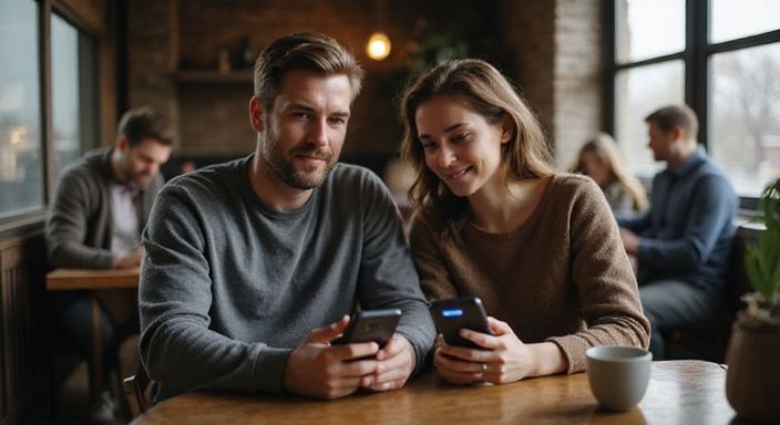 Ein Paar sitzt in einem Café und nutzt ihre Smartphones. Ein Paar sitzt in einem Café und nutzt ihre Smartphones.